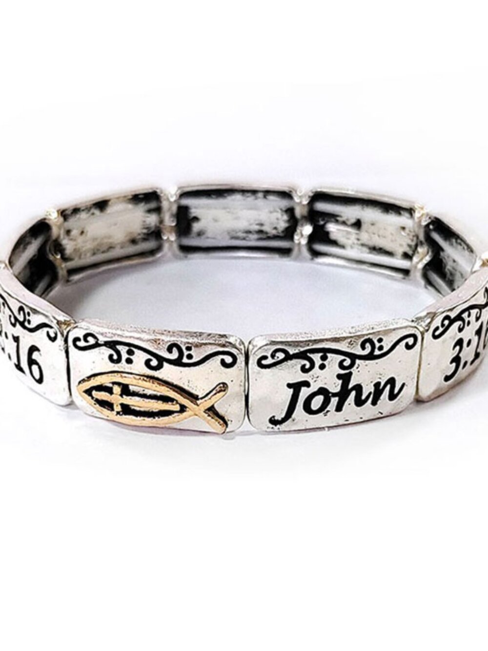 John 3:16 Christian Fish Twotone  Silver Gold  Stretch Bracelet